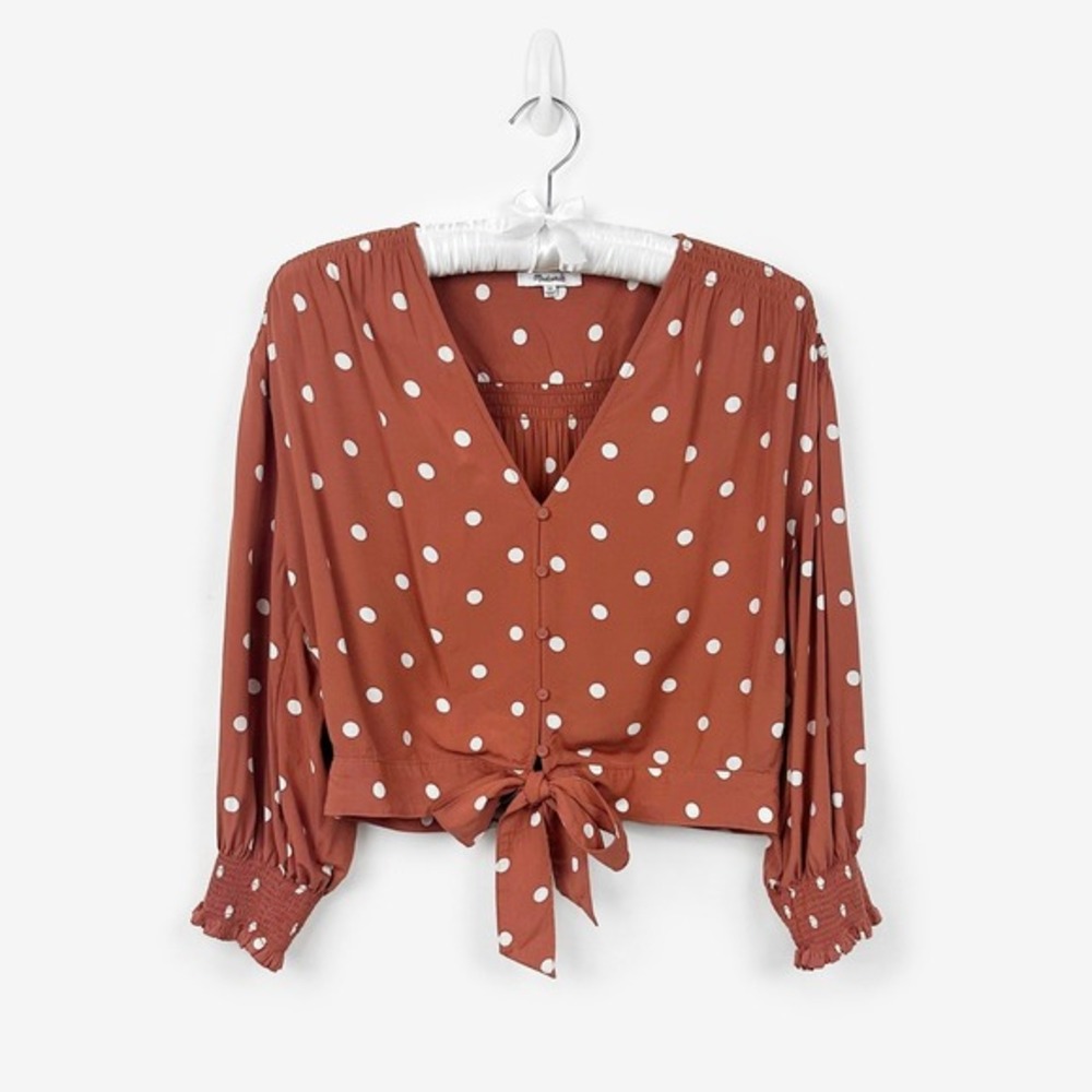 Madewell Tie-Front Top Size 14 Rust Orange Polka Dot Retro Casual Chic Soft Girl